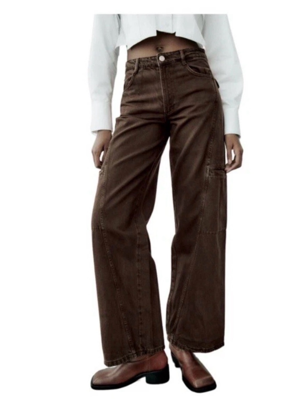 Zara TRF mid rise Wide Leg Cargo Jeans in Brown - Women size 4